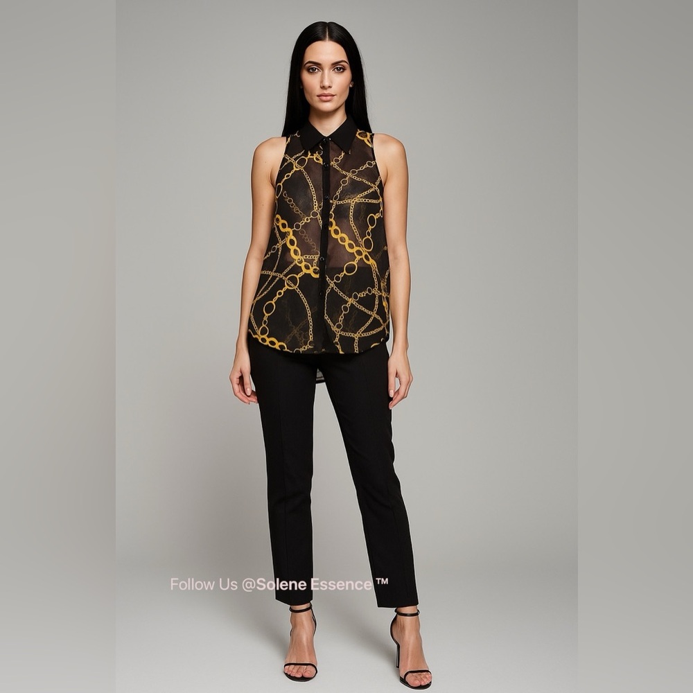 Decree Dressy Sleeveless Blouse M Black Gold Chain Sheer Hi-Lo Top Button-Up